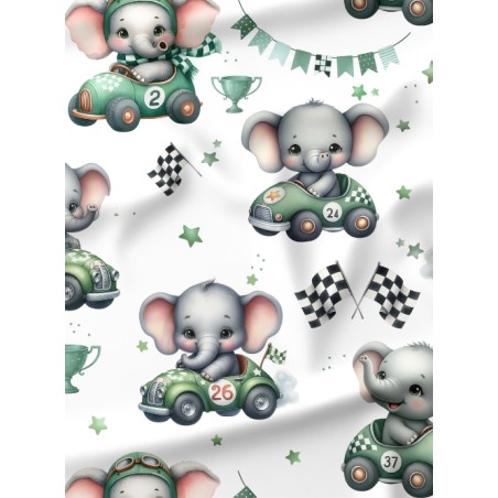 Tissu coton “Voiture de Course Elephant” – Motif petits éléphants pilotes vintage – Certifié Oeko-Tex®