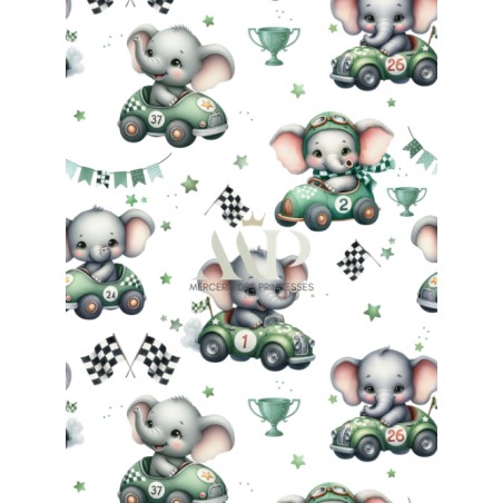 Tissu coton “Voiture de Course Elephant” – Motif petits éléphants pilotes vintage – Certifié Oeko-Tex®