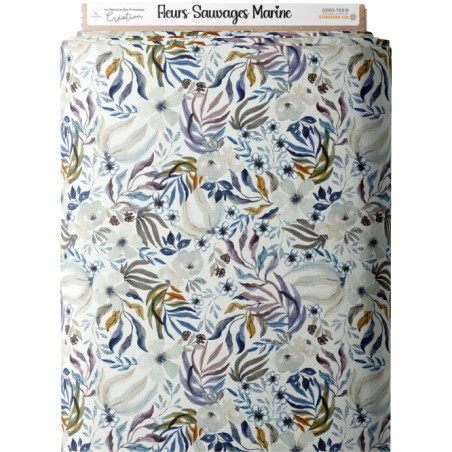 Tissu coton  “Fleurs Sauvages Marine” – Motif fleuri aquarelle - Certifié Oeko-Tex®