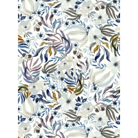 Tissu coton  “Fleurs Sauvages Marine” – Motif fleuri aquarelle - Certifié Oeko-Tex®