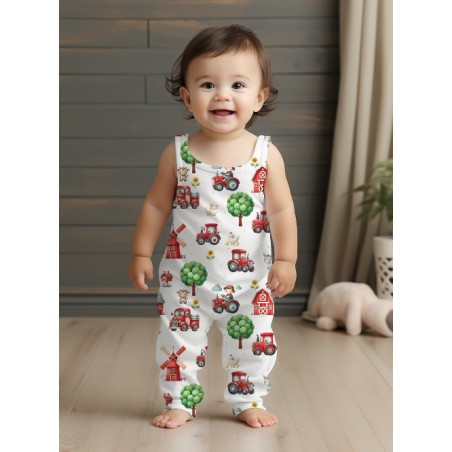 Tissu coton “La Ferme Rouge” – Motif tracteurs et animaux de la ferme – Certifié Oeko-Tex®