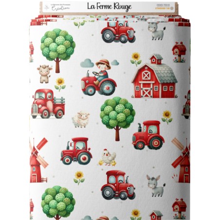 Tissu coton “La Ferme Rouge” – Motif tracteurs et animaux de la ferme – Certifié Oeko-Tex®