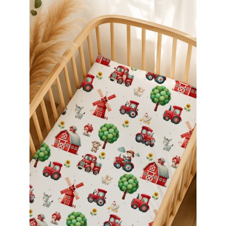 Tissu coton “La Ferme Rouge” – Motif tracteurs et animaux de la ferme – Certifié Oeko-Tex®