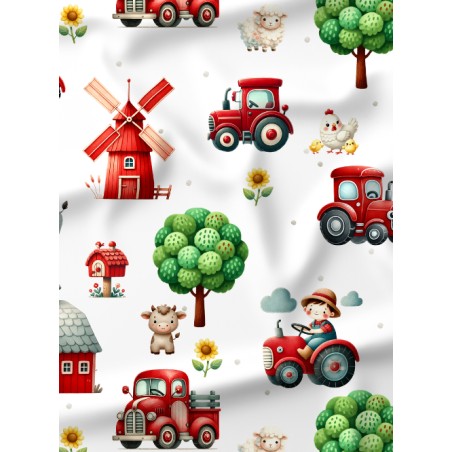 Tissu coton “La Ferme Rouge” – Motif tracteurs et animaux de la ferme – Certifié Oeko-Tex®