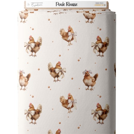 Tissu coton “Poule Rousse” – Motif petites poules – Certifié Oeko-Tex®