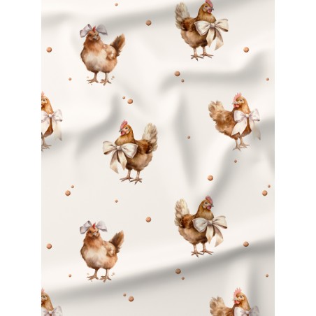 Tissu coton “Poule Rousse” – Motif petites poules – Certifié Oeko-Tex®