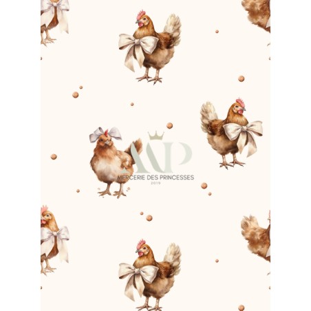 Tissu coton “Poule Rousse” – Motif petites poules – Certifié Oeko-Tex®