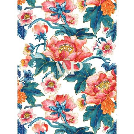 Tissu imprimé “Fleurs Du Japon” – Motif fleurs aquarelle - Certifié Oeko-Tex®