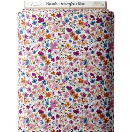 Tissu imprimé Fleurs Bloomie – Aubergine & Rose - Certifié Oeko-Tex®