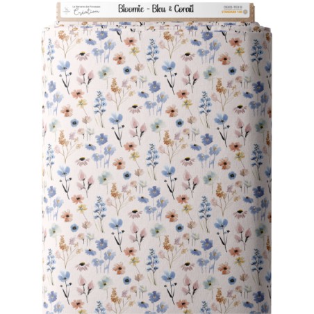 Tissu imprimé Fleurs Bloomie – Bleu & Corail - Certifié Oeko-Tex®