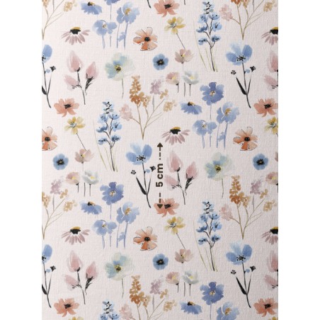 Tissu imprimé Fleurs Bloomie – Bleu & Corail - Certifié Oeko-Tex®