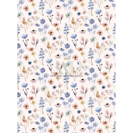 Tissu imprimé Fleurs Bloomie – Bleu & Corail - Certifié Oeko-Tex®