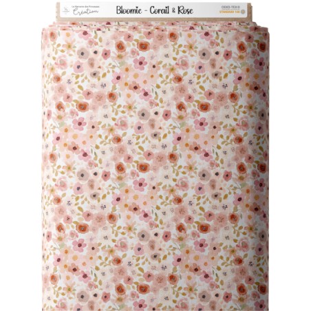 Tissu imprimé Fleurs Bloomie – Corail & Rose - Certifié Oeko-Tex®