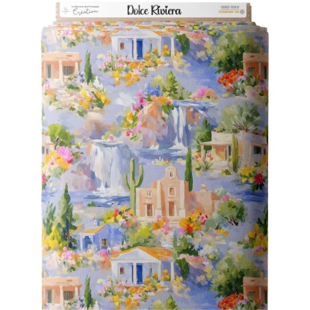 Tissu imprimé Dolce Riviera - motif paysage méditerranéen - Certifié Oeko-Tex®