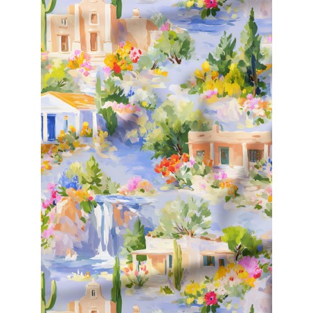 Tissu imprimé Dolce Riviera - motif paysage méditerranéen - Certifié Oeko-Tex®