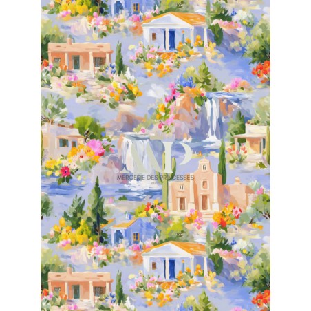 Tissu imprimé Dolce Riviera - motif paysage méditerranéen - Certifié Oeko-Tex®