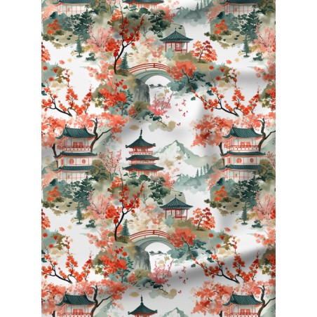 Tissu imprimé Japon Pagode - motif paysage japonnais - Certifié Oeko-Tex®