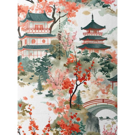 Tissu imprimé Japon Pagode - motif paysage japonnais - Certifié Oeko-Tex®