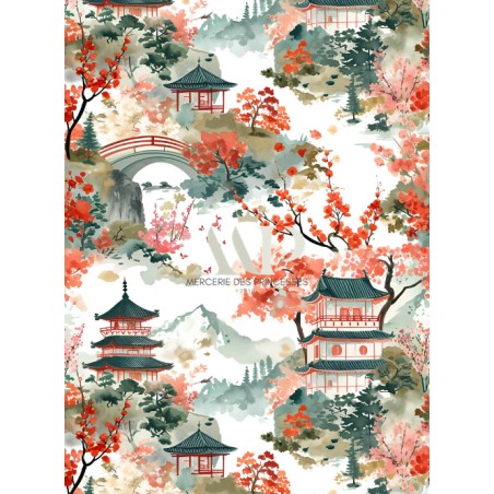 Tissu imprimé Japon Pagode - motif paysage japonnais - Certifié Oeko-Tex®