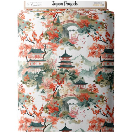 Tissu imprimé Japon Pagode - motif paysage japonnais - Certifié Oeko-Tex®