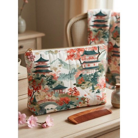 Tissu imprimé Japon Pagode - motif paysage japonnais - Certifié Oeko-Tex®