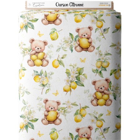 Tissu coton “Ourson Citronné” – Motif ours et citron fleuri – Certifié Oeko-Tex®