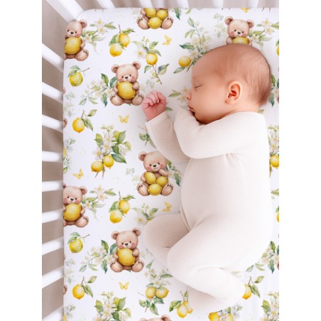 Tissu coton “Ourson Citronné” – Motif ours et citron fleuri – Certifié Oeko-Tex®