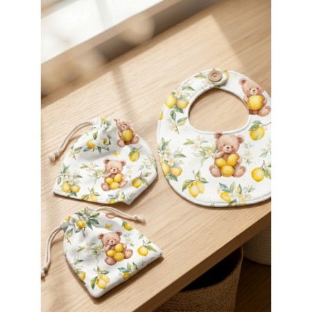 Tissu coton “Ourson Citronné” – Motif ours et citron fleuri – Certifié Oeko-Tex®