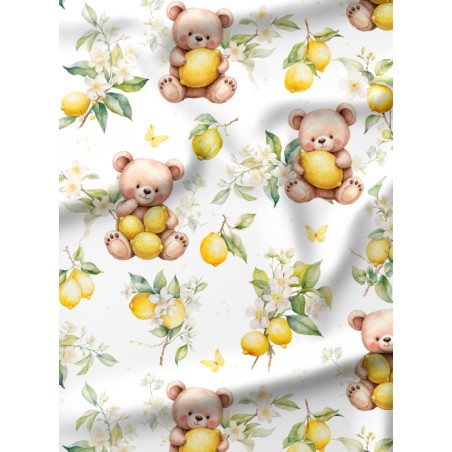 Tissu coton “Ourson Citronné” – Motif ours et citron fleuri – Certifié Oeko-Tex®
