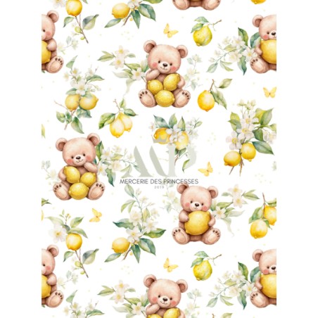 Tissu coton “Ourson Citronné” – Motif ours et citron fleuri – Certifié Oeko-Tex®