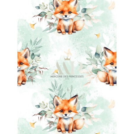 Tissu imprimé “Petit Renard Vert D'eau” – aquarelle - Certifié Oeko-Tex®