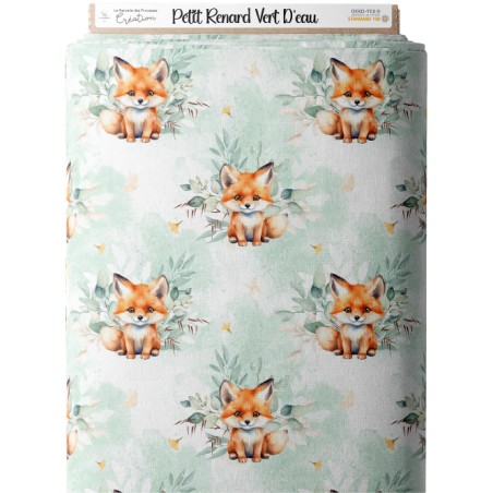Tissu imprimé “Petit Renard Vert D'eau” – aquarelle - Certifié Oeko-Tex®