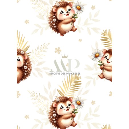 Tissu imprimé “Hérisson Et Marguerite” – aquarelle - Certifié Oeko-Tex®