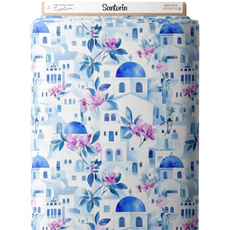 Tissu imprimé  - motif paysage Santorin - Certifié Oeko-Tex®