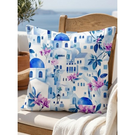 Tissu imprimé  - motif paysage Santorin - Certifié Oeko-Tex®