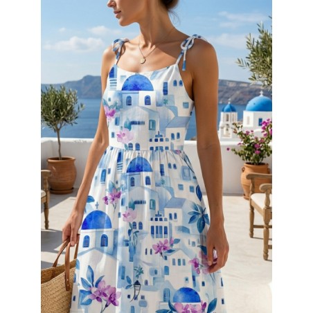 Tissu imprimé  - motif paysage Santorin - Certifié Oeko-Tex®