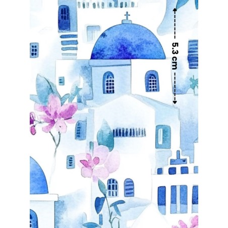 Tissu imprimé  - motif paysage Santorin - Certifié Oeko-Tex®