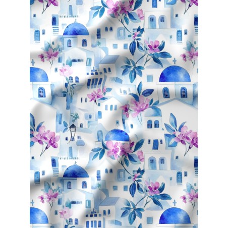 Tissu imprimé  - motif paysage Santorin - Certifié Oeko-Tex®
