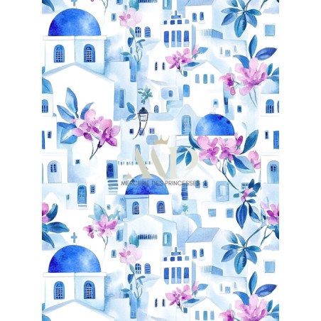 Tissu imprimé  - motif paysage Santorin - Certifié Oeko-Tex®