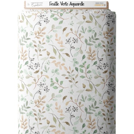 Tissu coton imprimé Feuille Verte Aquarelle - Certifié Oeko-Tex®