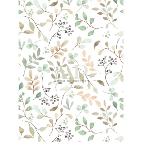 Tissu coton imprimé Feuille Verte Aquarelle - Certifié Oeko-Tex®