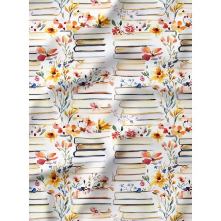 Tissu Poésie Florale Livres Fleuris Aquarelle – Motif Bibliothèque Poétique - Certifié Oeko-Tex®