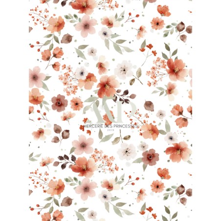 Tissu coton imprimé Fleurs Terracotta - Certifié Oeko-Tex®