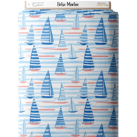 Tissu Brise Marine – Voiliers Aquarelle Rayures Bleues – Certifié Oeko-Tex®