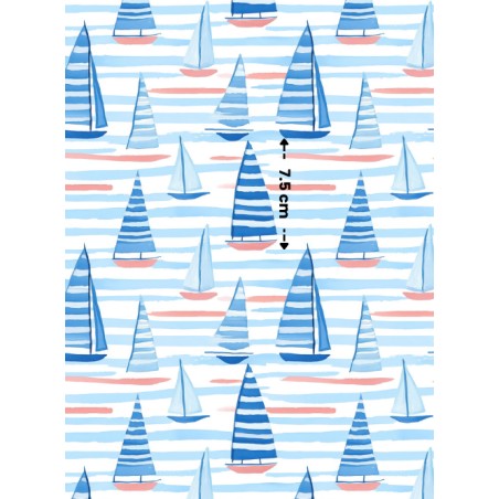Tissu Brise Marine – Voiliers Aquarelle Rayures Bleues – Certifié Oeko-Tex®