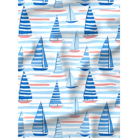 Tissu Brise Marine – Voiliers Aquarelle Rayures Bleues – Certifié Oeko-Tex®
