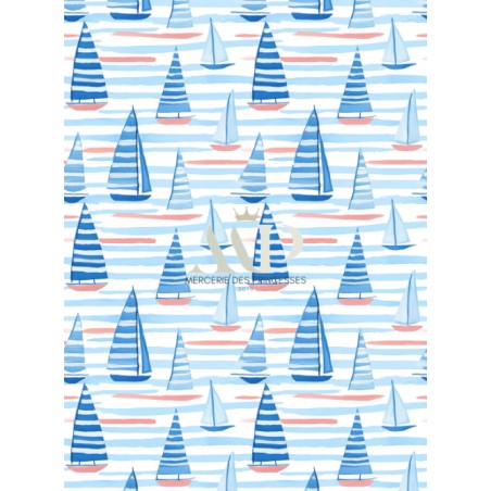 Tissu Brise Marine – Voiliers Aquarelle Rayures Bleues – Certifié Oeko-Tex®