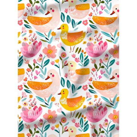 Tissu Canards en Fleurs – Motif Canards et Fleurs Aquarelle – Certifié Oeko-Tex®
