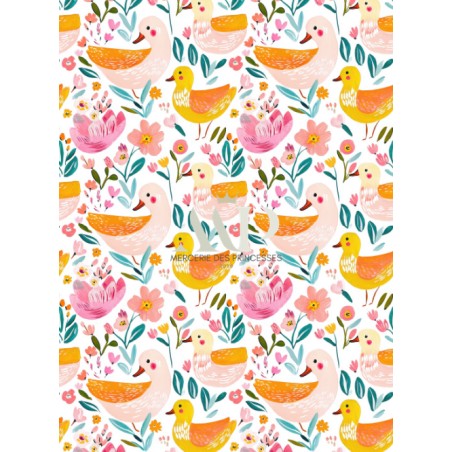 Tissu Canards en Fleurs – Motif Canards et Fleurs Aquarelle – Certifié Oeko-Tex®