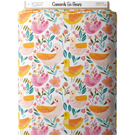 Tissu Canards en Fleurs – Motif Canards et Fleurs Aquarelle – Certifié Oeko-Tex®